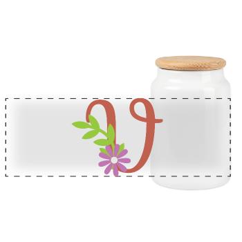 Eleganter Buchstabe 'V' mit Blumen - Panorama Keksdose mit Holzdeckel - Weiß - Vorne