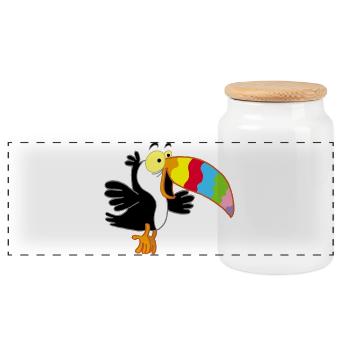 Bird and multicolored beak - Panoramic Cookie Jar with Wooden Lid - white - Front