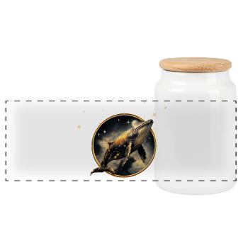 Cosmic elegance, the golden and black whale - Panoramic Cookie Jar with Wooden Lid - white - Front