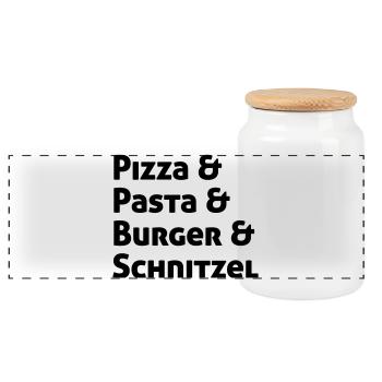 Pizza Pasta Burger und Schnitzel - Panorama Keksdose mit Holzdeckel - Weiß - Vorne