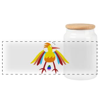 Rainbow Feathered Bird with Egg Illustration - Panoramic Cookie Jar with Wooden Lid - white - Front