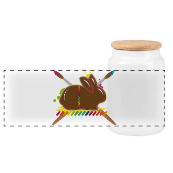 A colorful Easter bunny with paint splashes and brushes - Panoramic Cookie Jar with Wooden Lid - white - Front