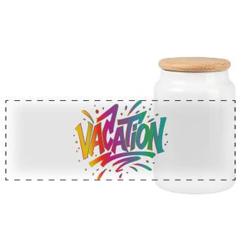 VACATION Schriftzug –Buntes Graffiti im Sommerstil - Panorama Keksdose mit Holzdeckel - Weiß - Vorne