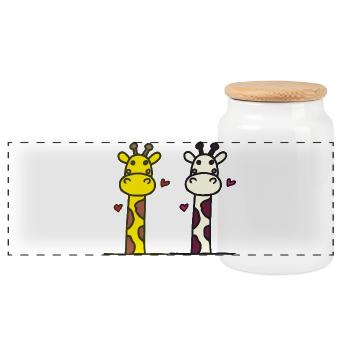 Auffälliges Giraffen-Design mit Herzakzenten - Panorama Keksdose mit Holzdeckel - Weiß - Vorne