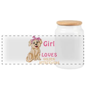 Golden Retriever Girl Love  - Panoramic Cookie Jar with Wooden Lid - white - Front
