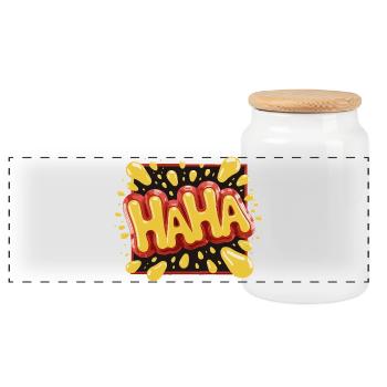 Vibrant Comic Style Haha Design - Panoramic Cookie Jar with Wooden Lid - white - Front