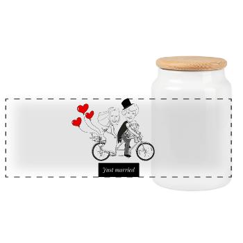 Humorous Wedding Caricature on Bicycle - Panoramic Cookie Jar with Wooden Lid - white - Front
