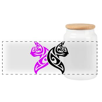 Katzen Tribal Kater Design - Panorama Keksdose mit Holzdeckel - Weiß - Vorne
