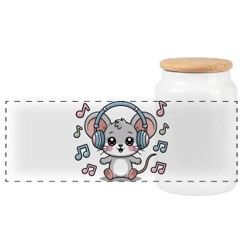 Cute mouse with headphones and music notes - Panoramic Cookie Jar with Wooden Lid - white - Front