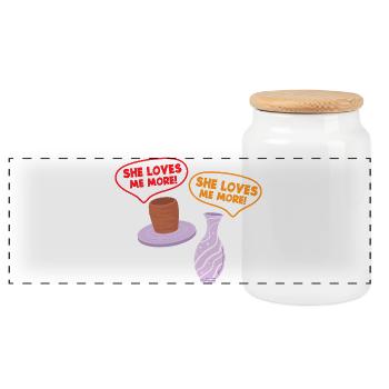 Pottery Humor: She Loves Me More! - Panoramic Cookie Jar with Wooden Lid - white - Front