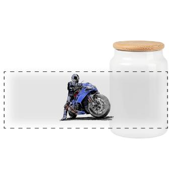 Rennfahrer mit blauer Sportmaschine - Panorama Keksdose mit Holzdeckel - Weiß - Vorne