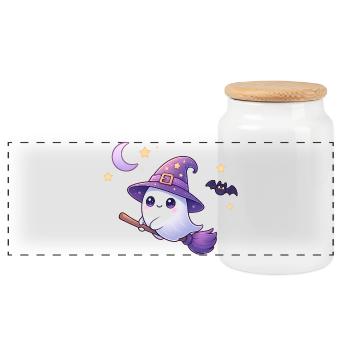 Kawaii Hexen‑Geist auf Besen – Halloween Shirt - Panorama Keksdose mit Holzdeckel - Weiß - Vorne