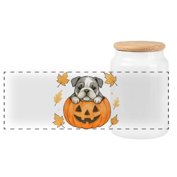 Bulldog in a Halloween Pumpkin - Panoramic Cookie Jar with Wooden Lid - white - Front