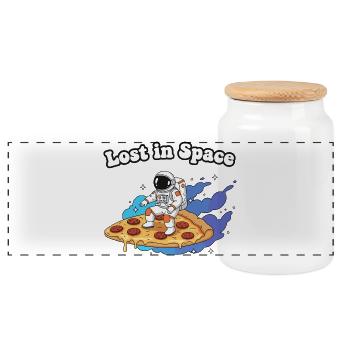 Astronaut auf Pizza im All - Panorama Keksdose mit Holzdeckel - Weiß - Vorne