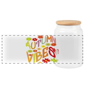 Autumn Vibes Floral Pattern Leaves Motif Saying Top - Panoramic Cookie Jar with Wooden Lid - white - Front