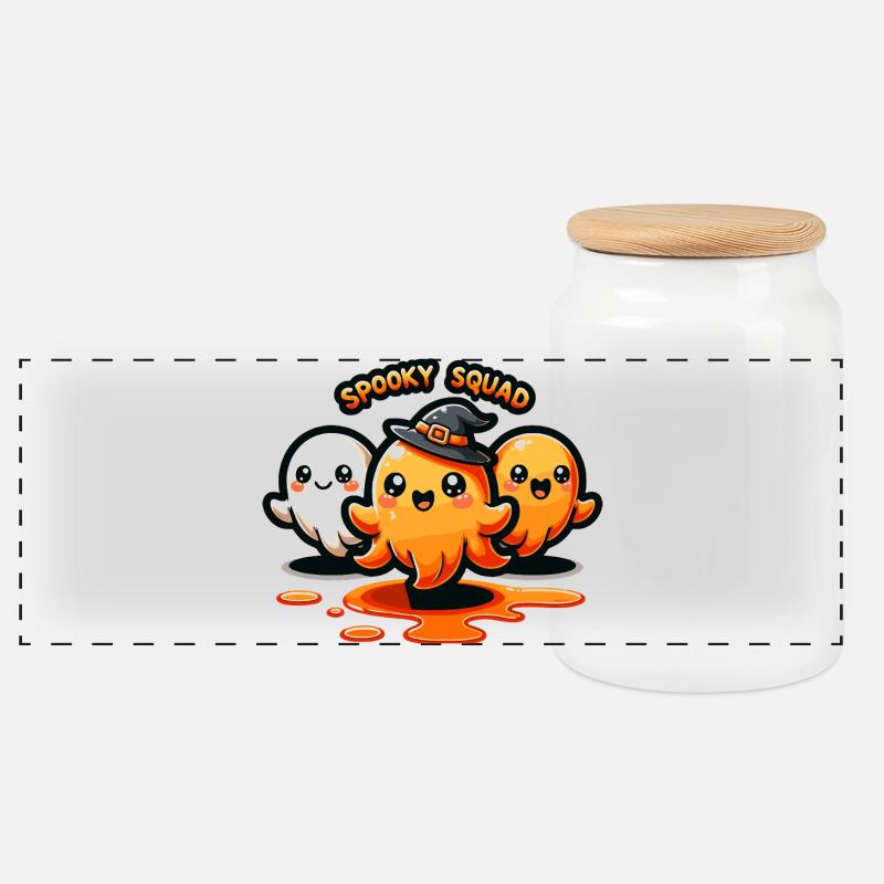 Spooky Squad Halloween Tintenfischtrio - Panorama Keksdose mit Holzdeckel - Weiß