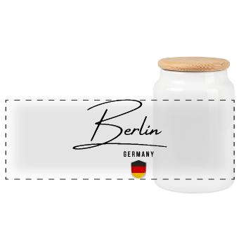 Elegantes Design Berlin, ich liebe Berlin - Panorama Keksdose mit Holzdeckel - Weiß - Vorne
