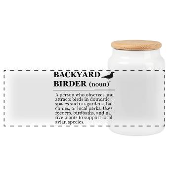 Bird watching in the garden - Panoramic Cookie Jar with Wooden Lid - white - Front