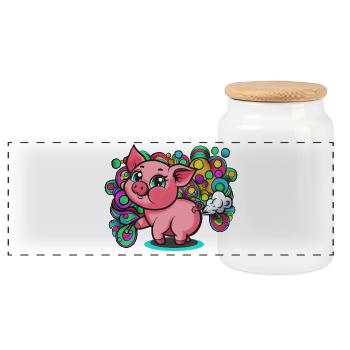 Furz-Schwein mit Regenbogenwirbel - Panorama Keksdose mit Holzdeckel - Weiß - Vorne