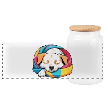 Chiot endormi Écharpe arc-en-ciel - Boîte à biscuits avec couvercle en bois - blanc - Devant