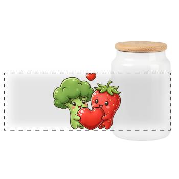 Love Veggie Kawaii Broccoli Strawberry - Panoramic Cookie Jar with Wooden Lid - white - Front