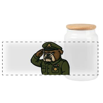 Bulldog Officer Saluting Military Mascot Art - Panoramic Cookie Jar with Wooden Lid - white - Front