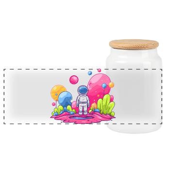 Astronaut in pink space - Panoramic Cookie Jar with Wooden Lid - white - Front