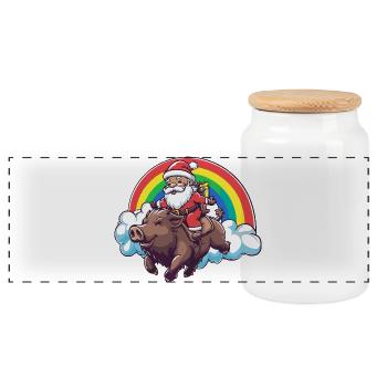 Pig Santa Claus Christmas Wild Boar - Panoramic Cookie Jar with Wooden Lid - white - Front