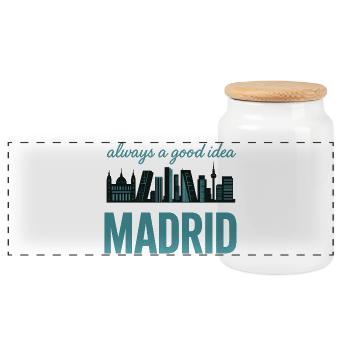 Madrid Skyline – Always a Good Idea Design - Panorama Keksdose mit Holzdeckel - Weiß - Vorne