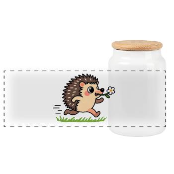 Igel mit einer Blume - Panorama Keksdose mit Holzdeckel - Weiß - Vorne