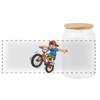 BMX Junge Cartoon Fahrrad Stunt - Panorama Keksdose mit Holzdeckel - Weiß - Vorne
