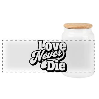 Love Never Die – Zeitlose Liebesbotschaft - Panorama Keksdose mit Holzdeckel - Weiß - Vorne