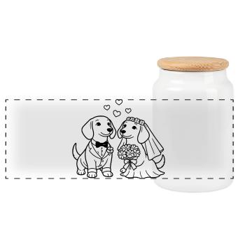 Wedding of Dachshunds Minimalist Line Art - Panoramic Cookie Jar with Wooden Lid - white - Front