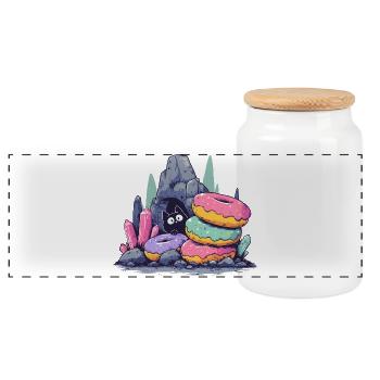 Cat Treasure in Donut Crystal Cave - Panoramic Cookie Jar with Wooden Lid - white - Front