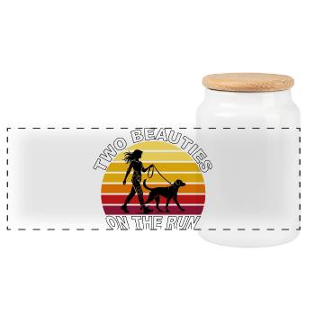 Two Beauties on the Run Dog Retro Design - Panoramic Cookie Jar with Wooden Lid - white - Front