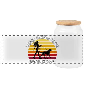 Two Beauties on the Run Dog Retro Design - Panoramic Cookie Jar with Wooden Lid - white - Front