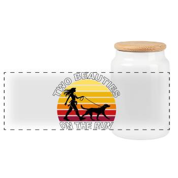 Two Beauties on the Run Dog Retro Design - Panoramic Cookie Jar with Wooden Lid - white - Front