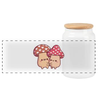 Cute Hugging Mushroom Toadstool Couple - Panoramic Cookie Jar with Wooden Lid - white - Front