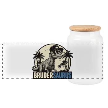 Brudersaurus – Cooler Dino Bruder Retro Style - Panorama Keksdose mit Holzdeckel - Weiß - Vorne