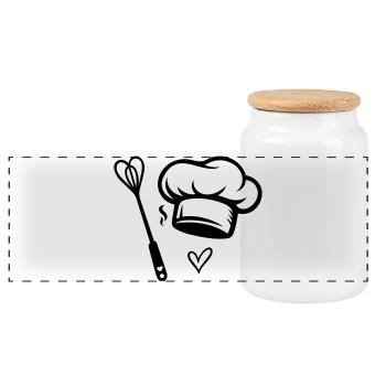 Chef's Hat & Heart Whisk - Cooking with Love - Panoramic Cookie Jar with Wooden Lid - white - Front