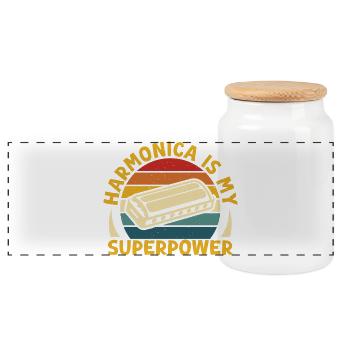 Funny Harmonica Player Is My Superpower Harmonica - Panoramic Cookie Jar with Wooden Lid - white - Front