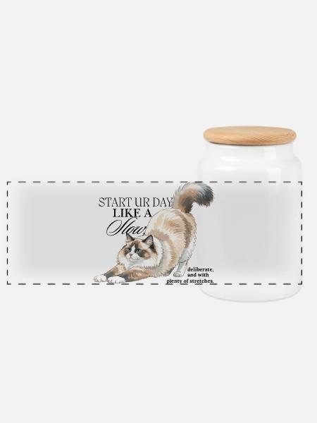 Cream Cat Stretch Illustration - Panorama Keksdose mit Holzdeckel - Weiß