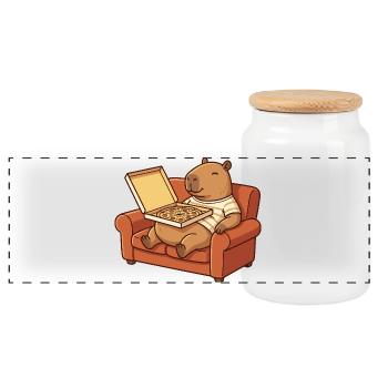 Capybara Sofa Pizza Cozy Animal Design - Panoramic Cookie Jar with Wooden Lid - white - Front