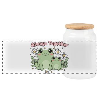 Always Together: Cute Frogs & Flowers Design - Panoramic Cookie Jar with Wooden Lid - white - Front