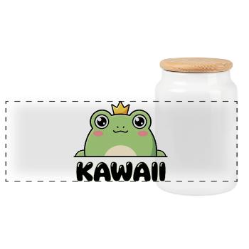 Lil Croak – Kawaii Frog + Crown (Minimal Design) - Panoramic Cookie Jar with Wooden Lid - white - Front