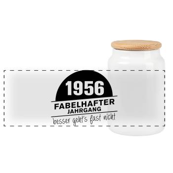 Fabelhafter Jahrgang 1956 geboren - Panorama Keksdose mit Holzdeckel - Weiß - Vorne