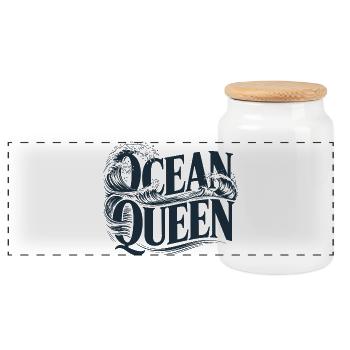 Ocean Queen - Waves Typography Design - Panoramic Cookie Jar with Wooden Lid - white - Front