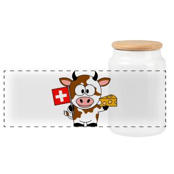 Kuh mit Schweizer Flagge Käse - Panorama Keksdose mit Holzdeckel - Weiß - Vorne