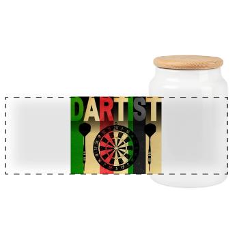 DARTIST Farbiger Darts-Charakter - Panorama Keksdose mit Holzdeckel - Weiß - Vorne