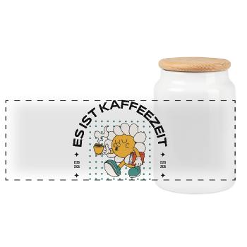 Büro und Kaffee  - Panorama Keksdose mit Holzdeckel - Weiß - Vorne